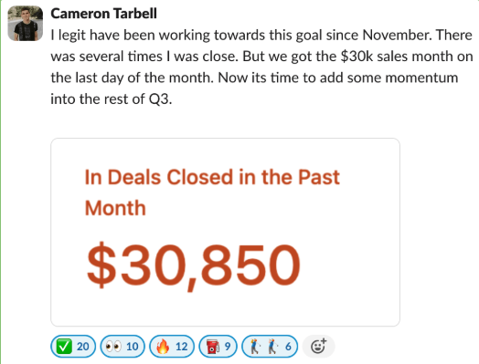 Cameron Tarbell $30,850 in deals closed screenshot