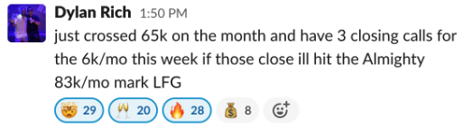 Dylan Rich $65K month Slack screenshot