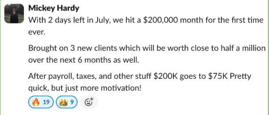 Mickey Hardy $200K first $200K month Slack screenshot