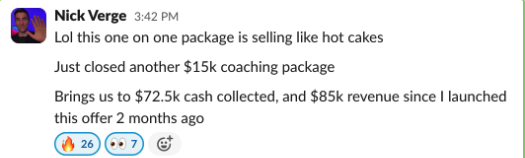 Nick Verge $85K revenue $72.5K cash collected screenshot