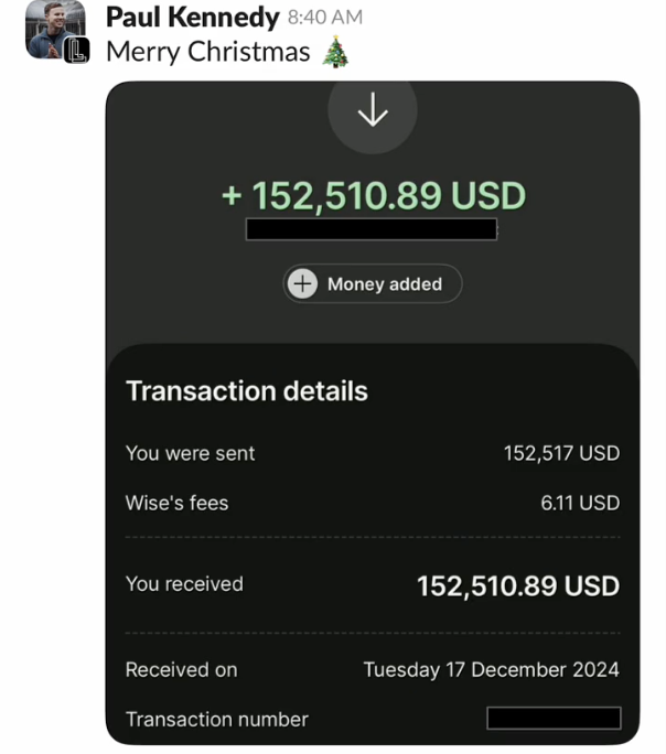 Paul Kennedy $152,510 Wise transfer screenshot